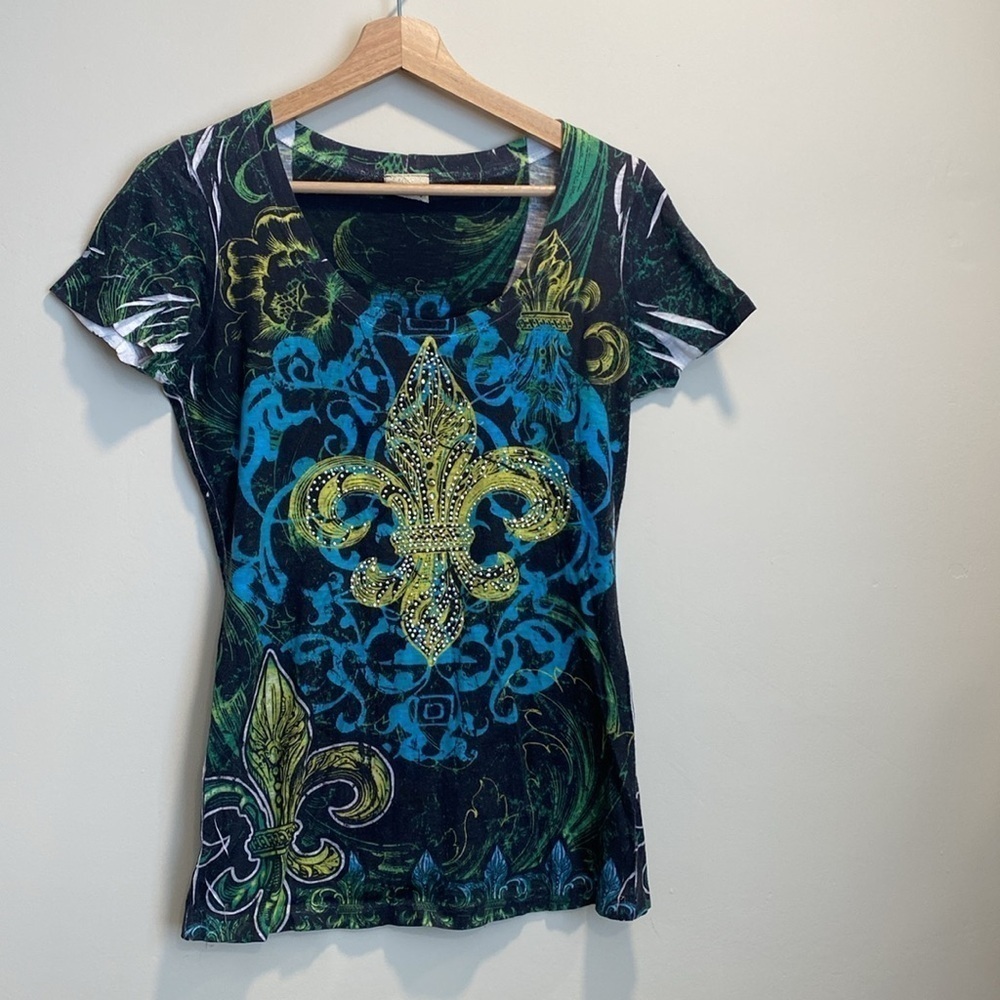 Y2K Vintage Daytrip Fleur De Lis Gray and Green Patterned Top